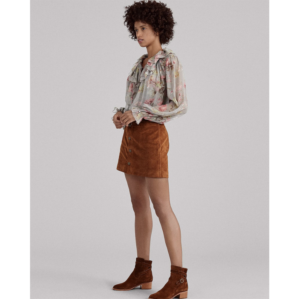 NWT Polo Ralph Lauren Buttoned Suede Mini Skirt Brown Suede Size 2 (XS)